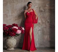 Questo affascinante abito da donna con scollo asimmetrico rosso presenta un orlo lungo a sirena, dettagli con volant e una elegante spacco laterale per matrimonio L,M,S,XL,XSColore unicoTessuto intrec