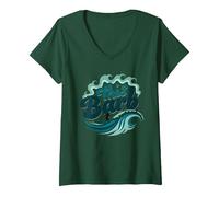 Questo Barb: Surfer Girl Ocean Wave Retro Maglietta con Collo a V, Donna, Verde Foresta, M