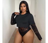 Questo body a maniche lunghe in taglie comode presenta un elegante e sensuale tessuto in pizzo e un design 2 in 1 con maniche corte, perfetto per l'estate, le vacanze, il Natale e il Capodanno. 0XL,1X
