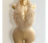 Questo è l'ultimo stile autunno-inverno di un tuta intera aderente e sensuale da donna, senza maniche, con scollo a V profondo, con spalline, con bordo in pelliccia. È adatto per feste, raduni quotidi