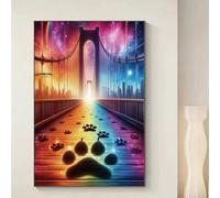 Questo è un dipinto di diamanti pieno, rilassante, che presenta un paesaggio con un ponte arcobaleno e impronte di zampe di gatto. Il design è vivace e unico, con un mosaico artistico, adatto per la d