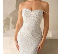 Questo è un elegante abito da sera con design a ventaglio con paillettes e perle, design senza schienale e orlo a sirena. Adatto per ospiti di matrimoni, cerimonie di laurea, festival musicali, feste 