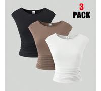Questo è un set di tre magliette per ragazze giovani e adolescenti. Presentano design a girocollo, monopezzi, spalle larghe, senza maniche e uno stile aderente con lati leggermente increspati. Queste 