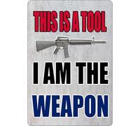 Questo è uno strumento, io sono l'arma, cartello in metallo, vento industriale, creativo, officina, garage, bar, decorazione da parete per uomo, 8x12 pollici