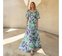 Questo elegante abito da sera con stampa floreale per donna presenta un colletto quadrato distintivo, maniche a lanterna romantiche, una gonna a-line fluida e stampe floreali raffinate - perfetto per 