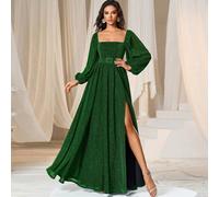 Questo elegante abito da sera da donna presenta uno scollo quadrato sofisticato, maniche a lanterna accattivanti, un design con spacco alto e una silhouette a-line affascinante, rendendolo una scelta 