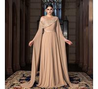 Questo elegante abito da sera lungo con una spalla per le donne presenta maniche lunghe fluenti, decorazioni in paillettes scintillanti, una delicata fascia in perline in vita per una vita segnata e u