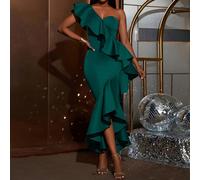 Questo elegante abito da sirena presenta un design monospalla e un orlo asimmetrico con volant, rendendolo la scelta perfetta per partecipare a cene formali, feste di cocktail, eventi di lusso o gala 