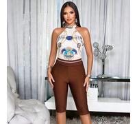 Questo elegante e sexy set di due pezzi con top blu navy con stampa e collo all'americana e leggings capri tinta unita è perfetto per la primavera e l'estate. Adatto per stampe classiche da corte, abb