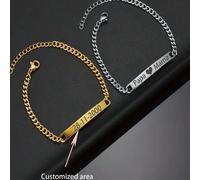 Questo notevole marchio è inciso su un braccialetto a catena cubana in acciaio inossidabile, un pezzo di gioielleria realizzato a mano personalizzato per le coppie. C'è anche un braccialetto con simbo