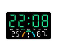 Questo orologio LED multifunzionale con display può appeso o posizionato su un tavolo. , della , la , l'umidità e ha due impostazioni di sveglia. Può alimentato sia con elettricità che con batterie.
