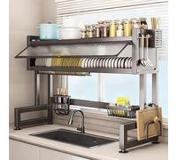 Questo scolapiatti per lavello è dotato di tre ripiani, ampia capacità e sportello trasparente con apertura a ribalta, Adatto per piatti, tazze(Gray,85cm/33.5in)