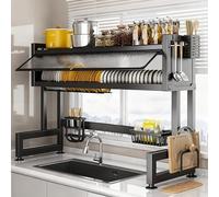 Questo scolapiatti per lavello è dotato di tre ripiani, ampia capacità e sportello trasparente con apertura a ribalta, Adatto per piatti, tazze(Black,75cm/29.5in)