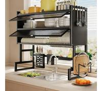 Questo scolapiatti per lavello è un grande scolapiatti in metallo da banco con coperchio antipolvere e portacoltelli, adatto per piatti, tazze, ciotole e posate(Black,65cm/25.6in)