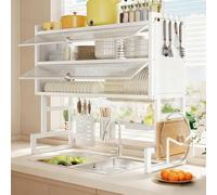 Questo scolapiatti per lavello è un grande scolapiatti in metallo da banco con coperchio antipolvere e portacoltelli, adatto per piatti, tazze, ciotole e posate(White,75cm/29.5in)