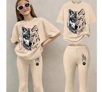 Questo set casual include una maglietta beige a girocollo e pantaloni a zampa di elefante beige, adatto per ragazze pre-adolescenti e adolescenti. Presenta un design creativo con stampa a testa di lup