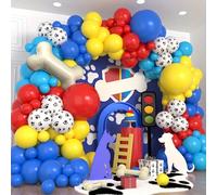 Questo set, composto da 121 componenti, presenta un kit per arco di palloncini a forma di zampa di cane con palloncini rossi, gialli e blu, nonché decorazioni in metallo a forma di osso. È adatto per