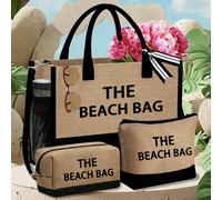 Questo set di borse da donna a tema spiaggia presenta un design artistico "Beach Bag", inclusa una borsa shopper di grande capacità e due pochette cosmetiche, adatto per matrimoni, vacanze e uso quoti