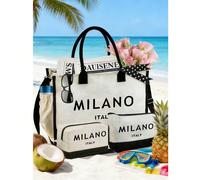 Questo set di borse da donna a tema spiaggia presenta un design del logo artistico "Milano Italy", inclusa una borsa shopper di grande capacità e due borsette per cosmetici. Stile 1 (confezione grande