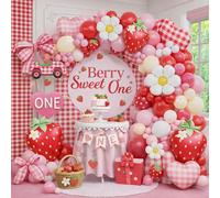 Questo set di decorazioni per il primo compleanno a tema frutti di bosco include 142 archi di palloncini a forma di fragola nei colori rosso, rosa, giallo e bianco, oltre a palloncini in foil a forma 