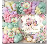 Questo set di decorazioni per il tea festa floreale include 141 pezzi di archi e corone di palloncini rosa, giallo macaron e viola macaron, oltre a palloncini in lattice di nylon, teiere floreali e pa