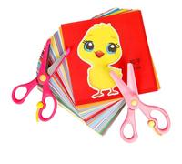 Questo set di forbici per bambini include 2 forbici di sicurezza di diversi colori e 240 pezzi di ritagli di carta colorati di animali e frutta.