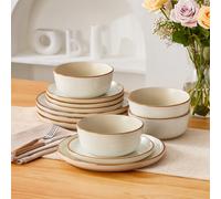 Questo set di stoviglie in ceramica da 12 pezzi presenta smalti sesamo opachi e lucidi ed è disponibile in cinque famiglie di colori. Il set include piatti piani, piatti da dessert e ciotole per cerea