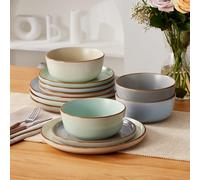 Questo set di stoviglie in ceramica da 12 pezzi presenta smalti sesamo opachi e lucidi ed è disponibile in cinque famiglie di colori. Il set include piatti piani, piatti da dessert e ciotole per cerea