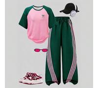 Questo set include una maglietta a maniche corte con blocchi di colore rosa e verde, con un motivo a fiocco decorativo, abbinata a pantaloni casual larghi a gamba dritta. Lo stile dolce e fresco è ada