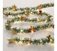 Queta Ghirlanda natalizia artificiale con campana, stelle, bacche e luci a LED per porte, scale, camini, ghirlanda di Natale, 2,6 m (campanella/stelle)