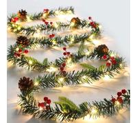 Queta Ghirlanda natalizia artificiale con coni, bacche e luci a LED, per porte, scale, caminetti, ghirlande natalizie, 2,6 m