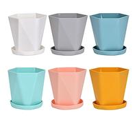 Queta Set di 6 vasi in plastica con sottovasi, vasi in plastica per piantine, piante in miniatura (rosa, giallo, blu, bianco, verde, grigio)