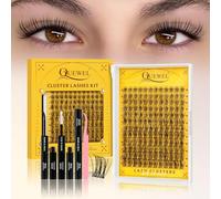 QUEWEL Lash Extension Set 144 pcs: delicadas extensiones de pestañas con pegamento y sellador, pestañas en grupo para una apariencia natural con una banda fina, fácil de aplicar (FD-A)