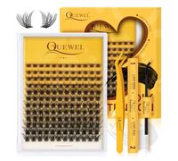QUEWEL Wimpern Extensions Set 144Pcs Einzelne Wimpern gemischte Längen 8-16 mm, Cluster Lashes mit Wimpernkleber und Wimpernpinzette, natürlicher Look einfaches Selbermachen zu Hause (Mega-KIT-A)