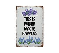"Qui è dove avviene la magia", divertente cartello vintage in metallo laminato per camera da letto, soggiorno, cucina, cortile, giardino, decorazione da parete, regalo per esterni e interni, per donne