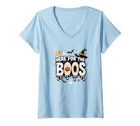 Qui per i Boos: Spooky Halloween Party Fun Maglietta con Collo a V, Donna, Celeste, L