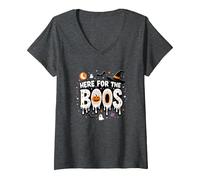 Qui per i Boos: Spooky Halloween Party Fun Maglietta con Collo a V, Donna, Grigio Scuro, S