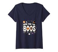 Qui per i Boos: Spooky Halloween Party Fun Maglietta con Collo a V, Donna, Navy, L