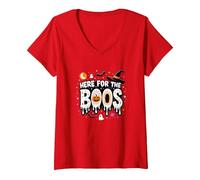 Qui per i Boos: Spooky Halloween Party Fun Maglietta con Collo a V, Donna, Rosso, L