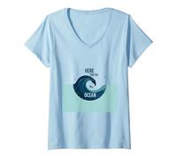 Qui per l'oceano: Surfer's Paradise Wave Maglietta con Collo a V, Donna, Celeste, L