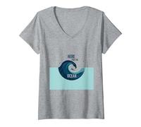 Qui per l'oceano: Surfer's Paradise Wave Maglietta con Collo a V, Donna, Grigio Melange, L