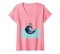 Qui per l'oceano: Surfer's Paradise Wave Maglietta con Collo a V, Donna, Rosa, M