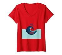 Qui per l'oceano: Surfer's Paradise Wave Maglietta con Collo a V, Donna, Rosso, M