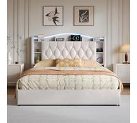 Quiaviank Letto matrimoniale imbottito 160 x 190 cm con illuminazione USB e LED, letto idraulico con vano sotto il letto, struttura del letto con testiera e rete a doghe in legno, senza materasso