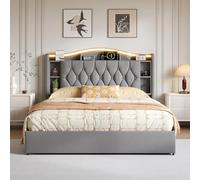 Quiaviank Letto matrimoniale imbottito 160 x 200 cm con illuminazione USB e LED, letto idraulico con vano sotto il letto, struttura del letto con testiera e rete a doghe in legno, senza materasso