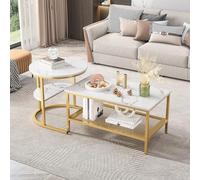 Quiaviank Set di 2 tavolini da caffè, moderno bianco con struttura in metallo, tavolino con piano in effetto marmo, tavolo da soggiorno con vano portaoggetti, 52 x 52 x 51 e 80 x 46 x 41 cm