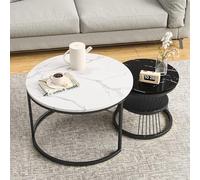 Quiaviank Set di 2 tavolini da caffè, rotondi, con effetto marmo e struttura in metallo, set da 2 tavolini moderni per soggiorno, camera da letto, ufficio, balcone, bianco e nero