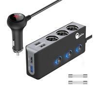 Quick Charge 3.0 Presa Sdoppiatore Accendisigari: 12V/24V 3-Prese Adattatore per Auto Presa Multipla 150W DC con interruttore voltmetro 4 porte USB per GPS DashCam iPhone iPad Android(QC3.0-Nero)