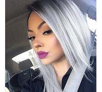 quickwig Parrucca corta a caschetto con effetto ombré da nero a grigio, parrucca colorata per ragazze e donne, lunghezza alle spalle, sintetica, per Halloween, cosplay, feste, 35,5 cm