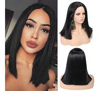 quickwig Parrucche corte a caschetto dritto nero, parrucca sintetica con riga centrale, lunghezza alle spalle, per uso quotidiano, cosplay, feste, parrucche per donne, 35,6 cm